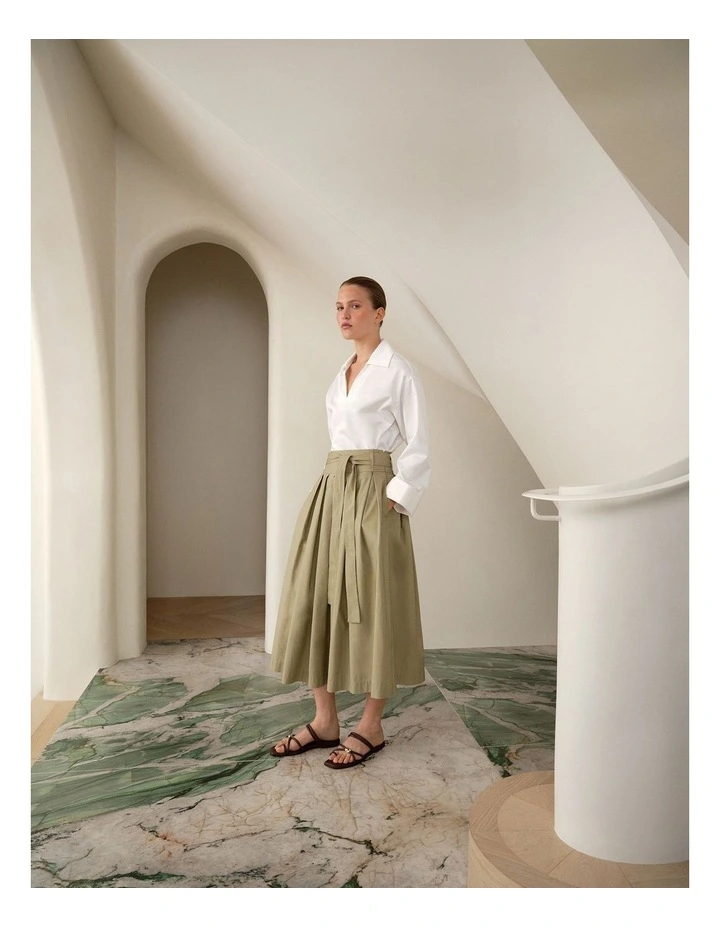 Poplin Pleated Midi Skirt in Olive Brown image 2