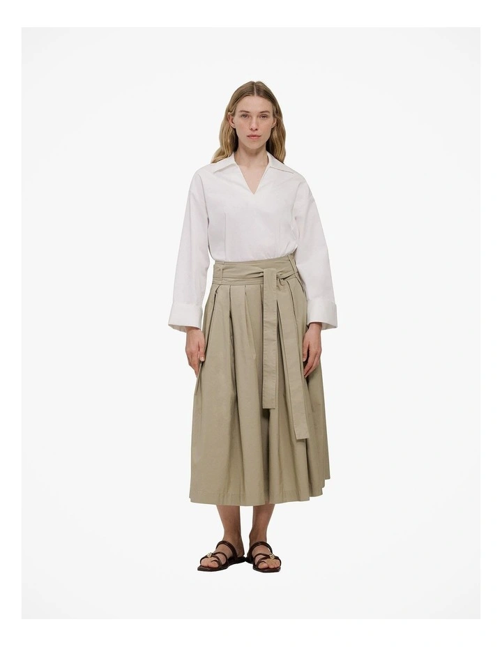 Poplin Pleated Midi Skirt in Olive Brown image 3