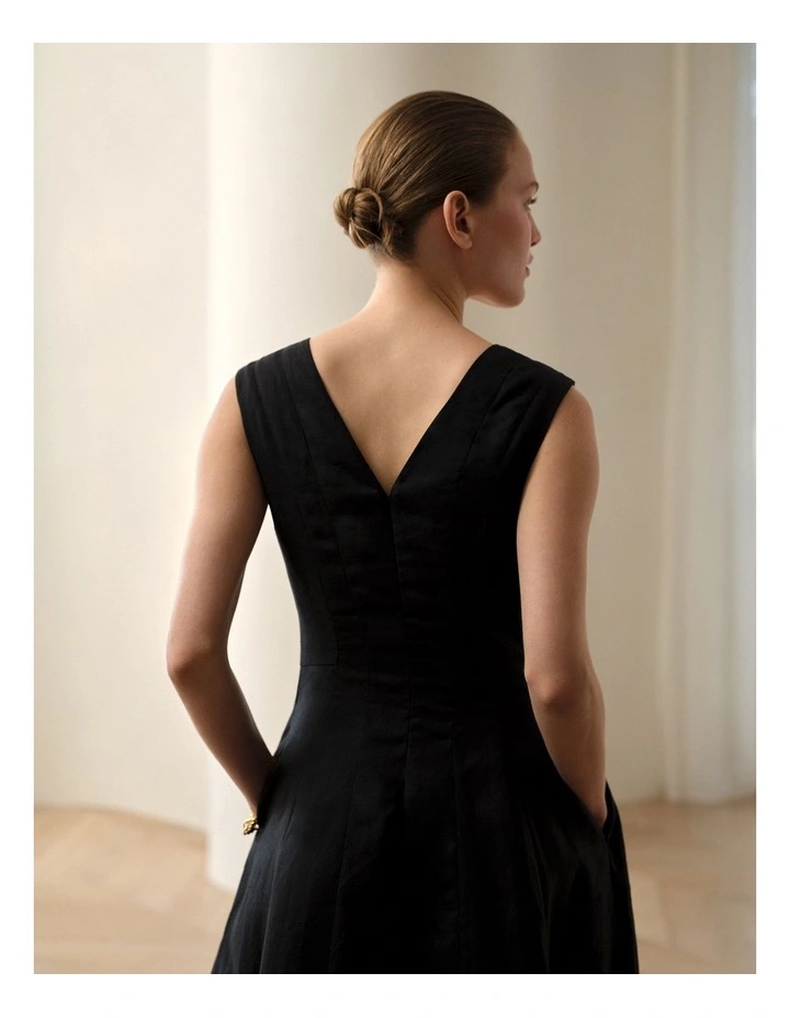 Linen Panel Detail Sleeveless Dress in Black image 2