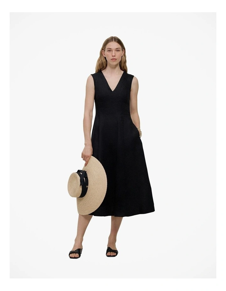 Linen Panel Detail Sleeveless Dress in Black image 3