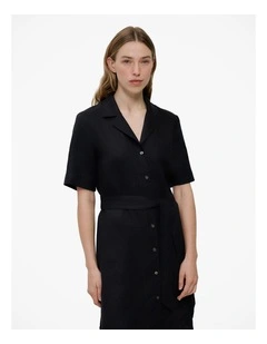 Linen Belted Shirt Dress in Black