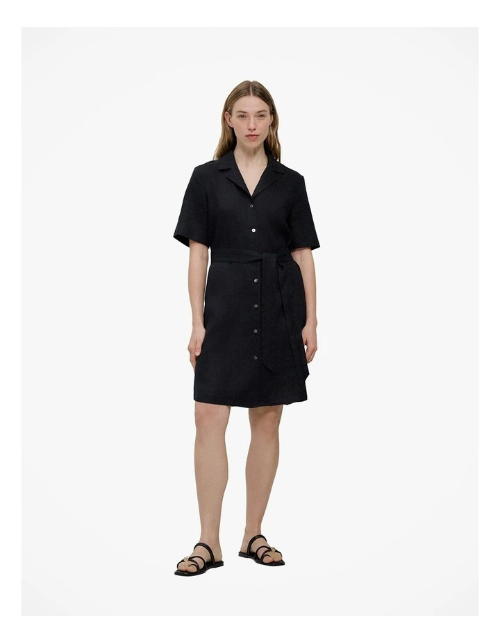Linen Belted Shirt Dress in Black image 2