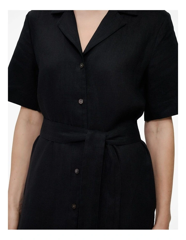 Linen Belted Shirt Dress in Black image 3
