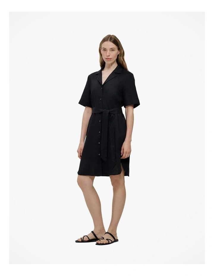 Linen Belted Shirt Dress in Black image 4