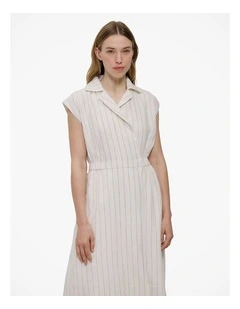 Linen Stripe Wrap Detail Dress in Parchment