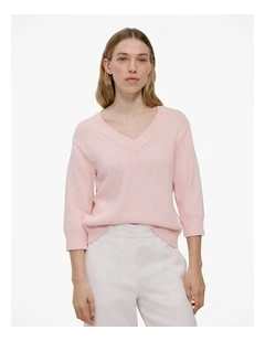 Cotton Linen Textured V Neck Knit in Blossom Pink