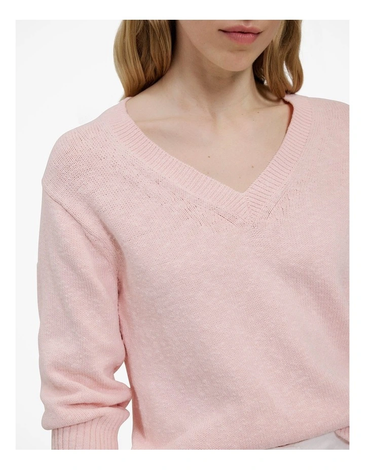 Cotton Linen Textured V Neck Knit in Blossom Pink image 3