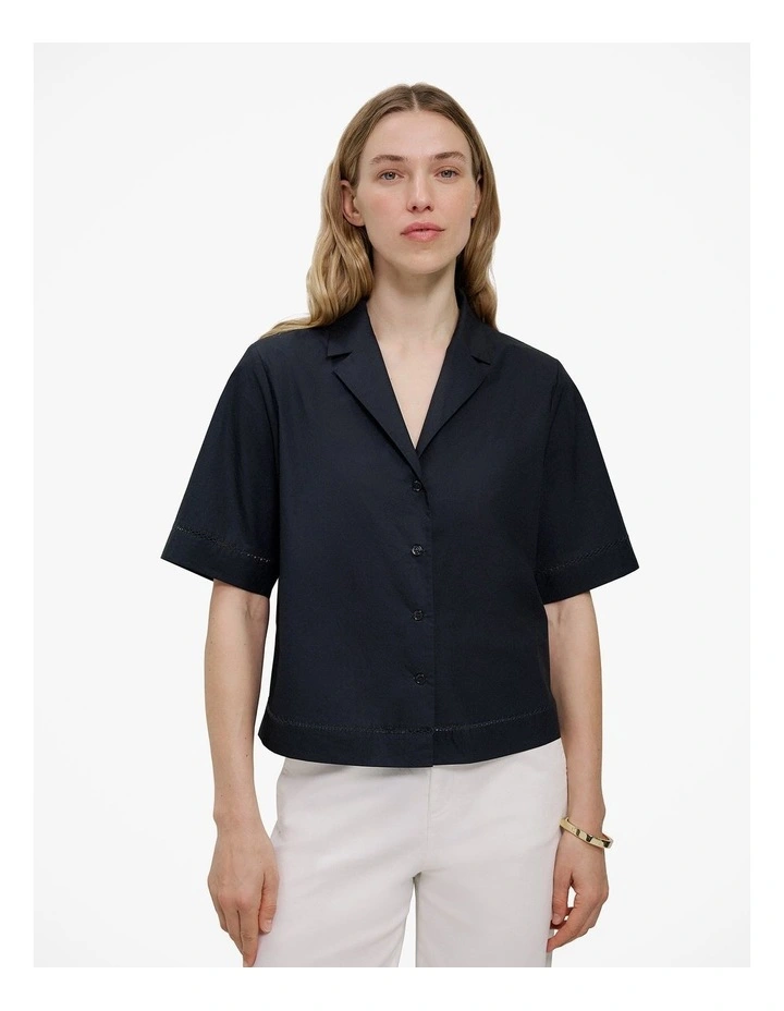 Poplin Lattice Trim Short Sleeve Shirt in Black image 1
