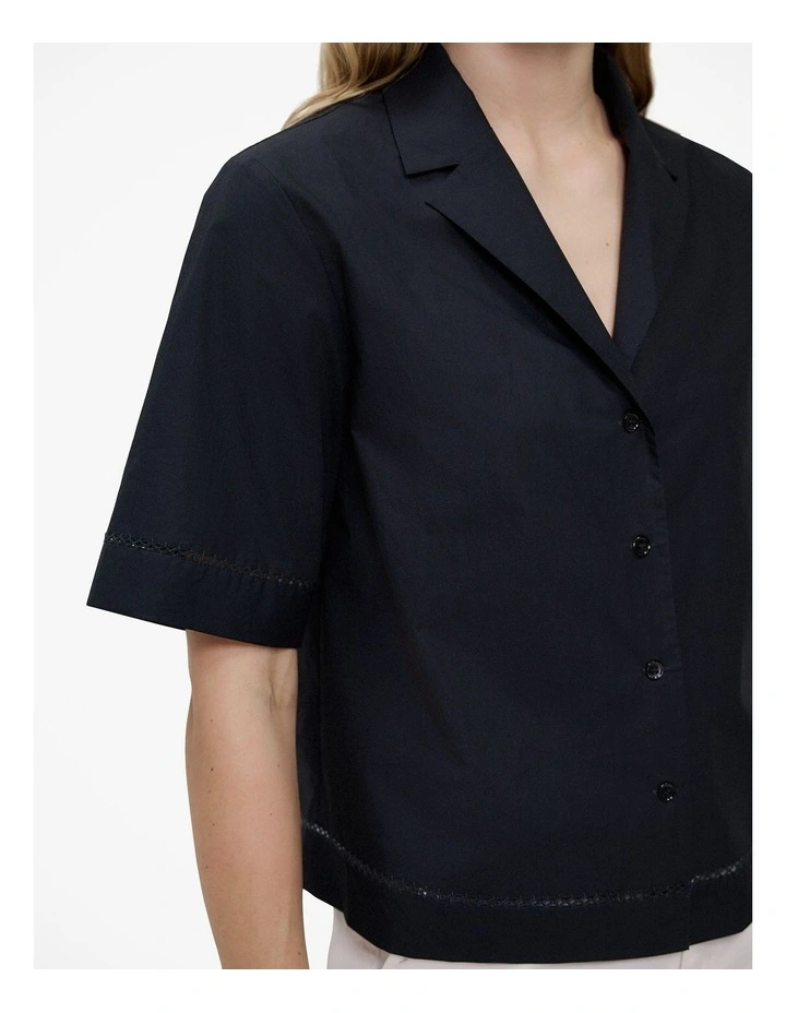 Poplin Lattice Trim Short Sleeve Shirt in Black image 3