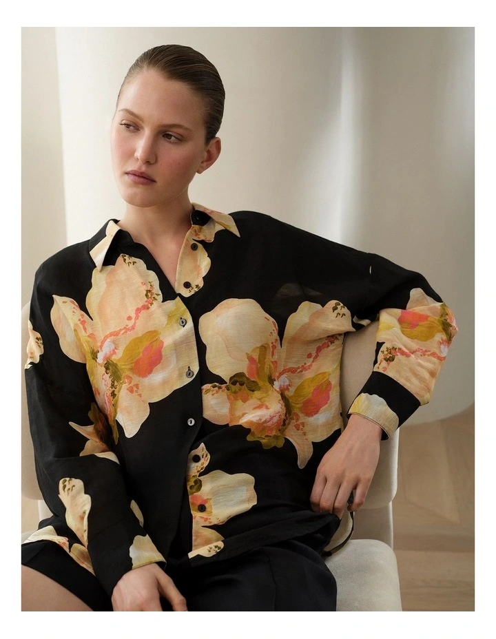 Caelia Linen Silk Relaxed Shirt in Black image 2