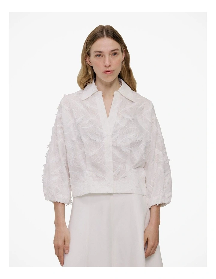 Embroidered Feather Detail Shirt in White image 1