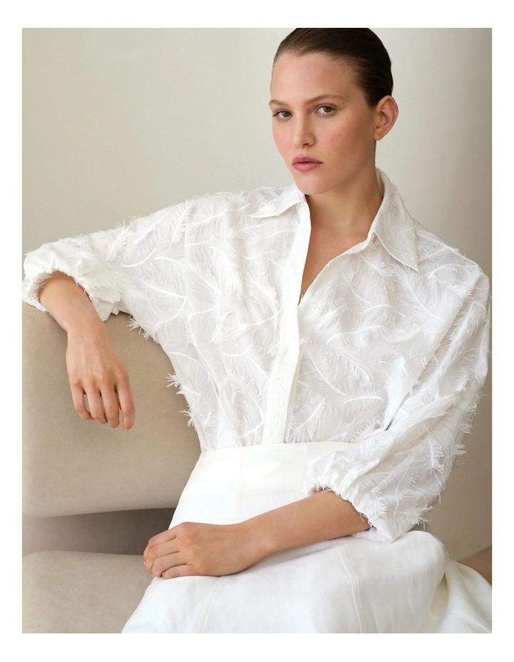 Embroidered Feather Detail Shirt in White image 2