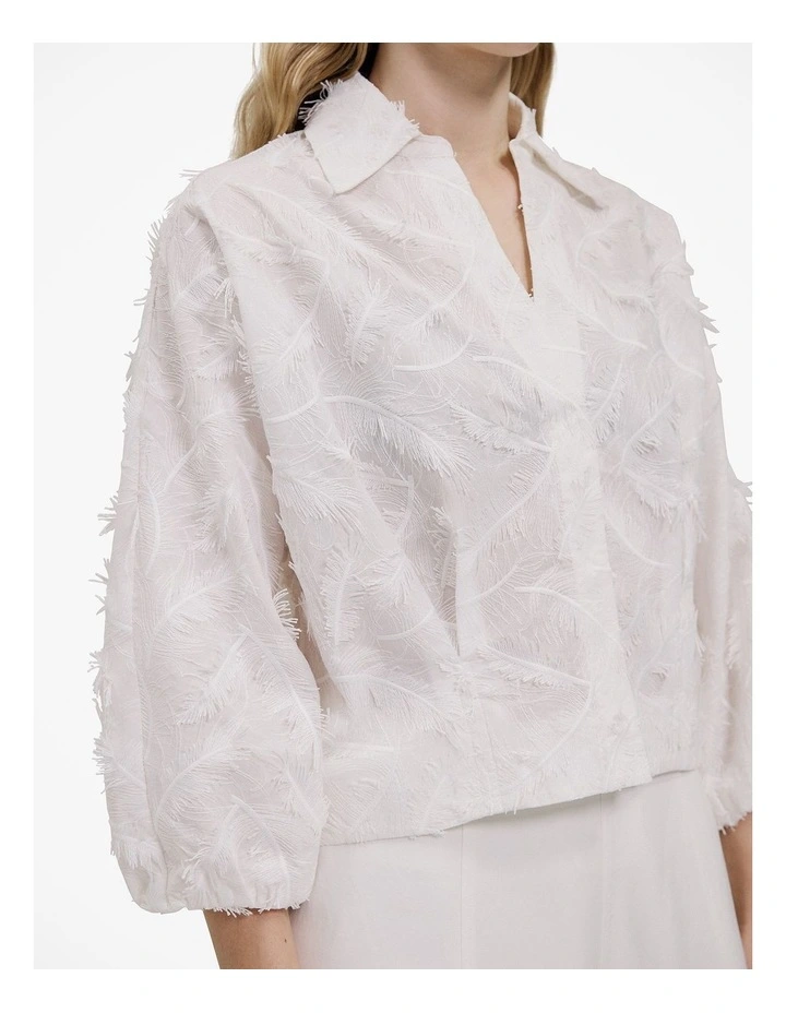 Embroidered Feather Detail Shirt in White image 4