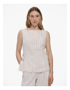 Linen Pinstripe Sleeveless Top in Parchment