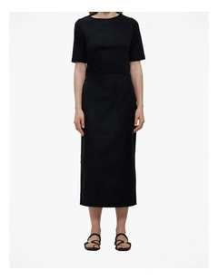 Stretch Linen Blend Pencil Skirt in Black