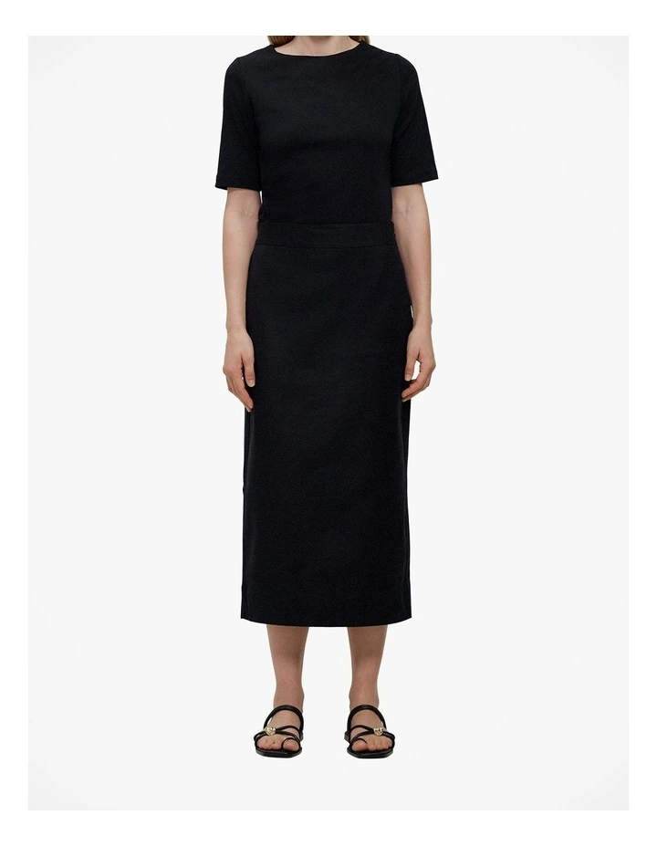Stretch Linen Blend Pencil Skirt in Black image 1