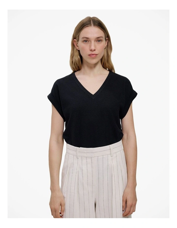 Linen Cotton V Neck T-shirt in Black image 1