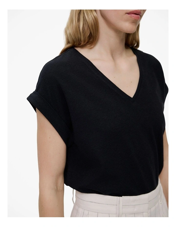 Linen Cotton V Neck T-shirt in Black image 3