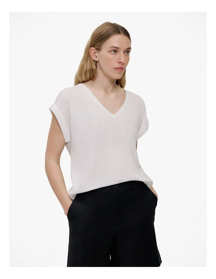 Linen Cotton V Neck T-shirt in White image 1