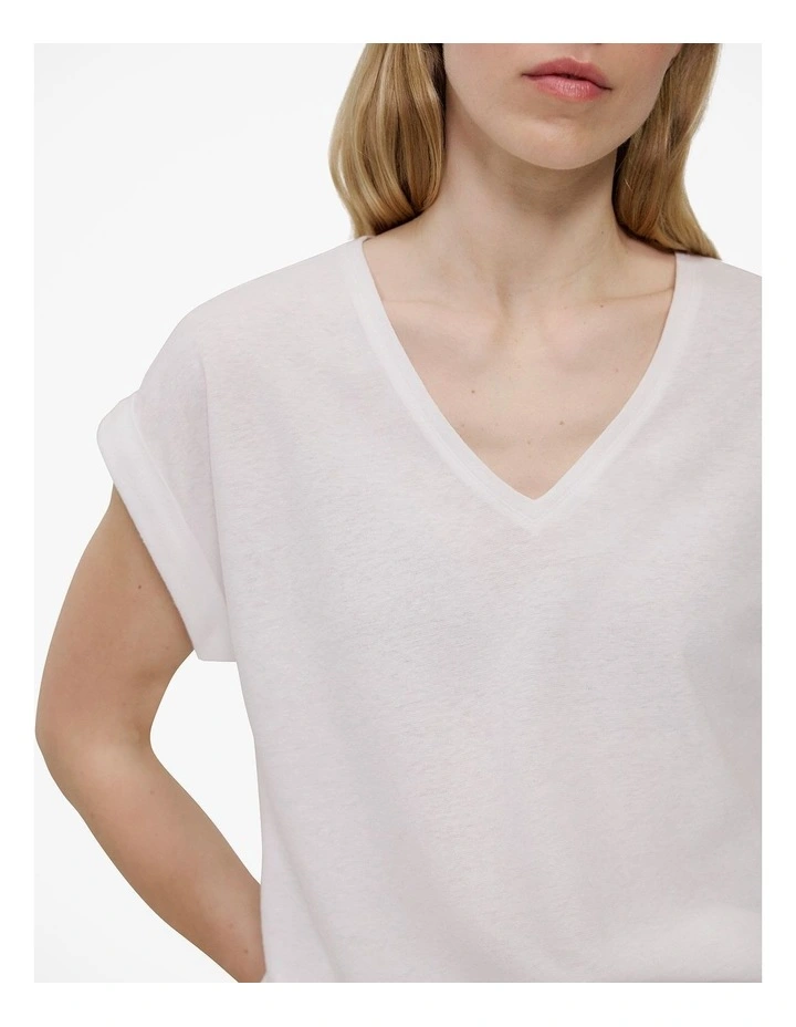 Linen Cotton V Neck T-shirt in White image 3