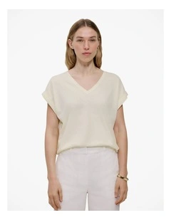 Linen Cotton V Neck T-shirt in Faint Yellow