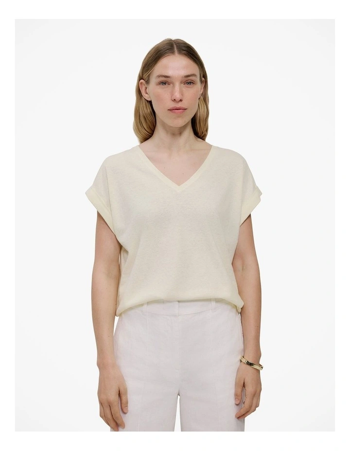 Linen Cotton V Neck T-shirt in Faint Yellow image 1
