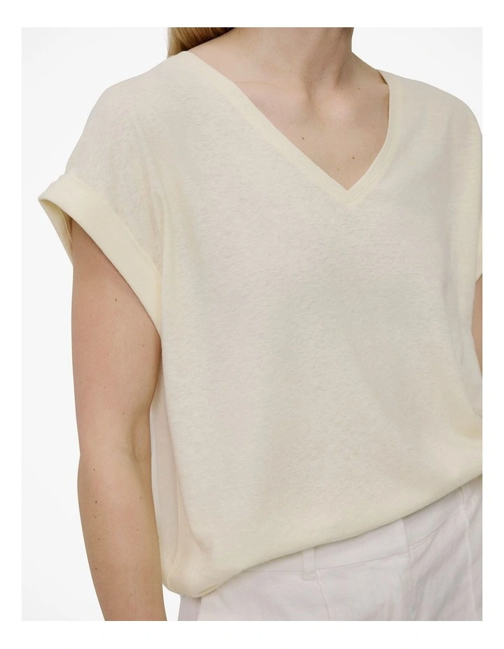 Linen Cotton V Neck T-shirt in Faint Yellow image 3