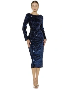 Miranda Sequin Midi Dress in Navy