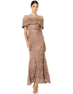 Emerson Lace Off the Shoulder Gown in Mocha