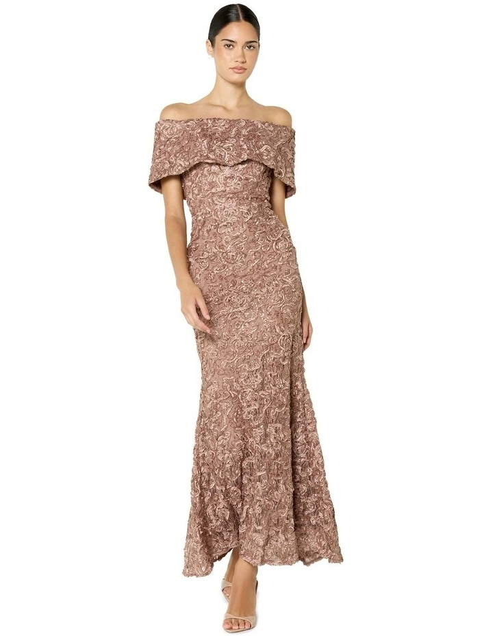 Emerson Lace Off the Shoulder Gown in Mocha image 1
