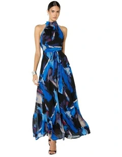 Gisele Printed Halter Maxi Dress in Blue