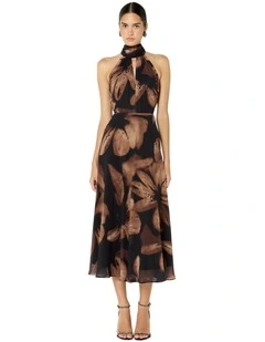 Charlotte Printed Halter Dress in Black and Cinnamon Floral Print