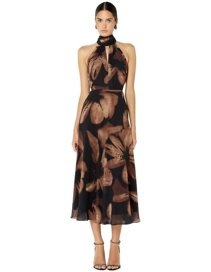 Charlotte Printed Halter Dress in Black and Cinnamon Floral Print image 1