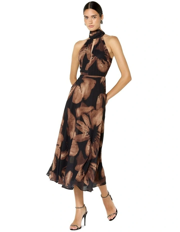 Charlotte Printed Halter Dress in Black and Cinnamon Floral Print image 3