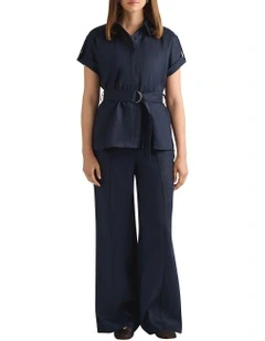 Imogen Linen Belted Shirt in Navy