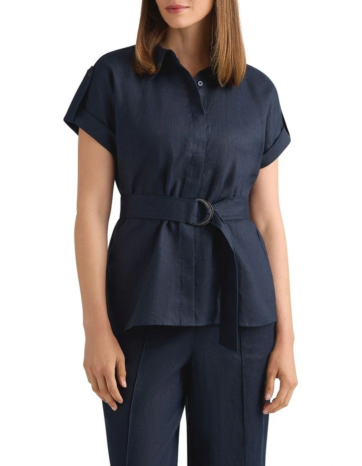 Imogen Linen Belted Shirt in Navy image 2