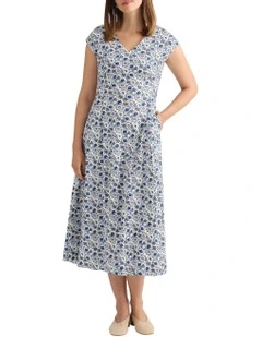 Annabelle Stretch Linen Dress in White Multi