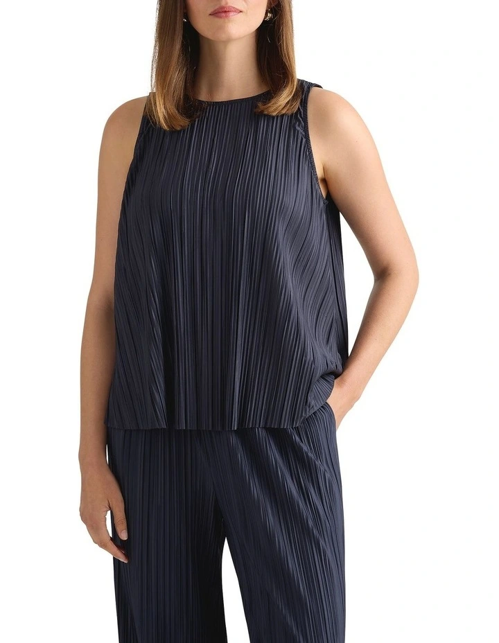 Tauri Pleat Jersey Top in Navy image 2