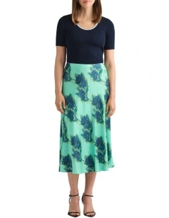 Cara Satin Midi Skirt in Seafoam