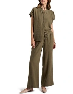 Maurine Cotton Crinkle Pant in Moss