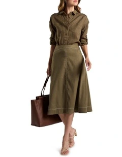 Cabello Stretch Linen Skirt in Moss
