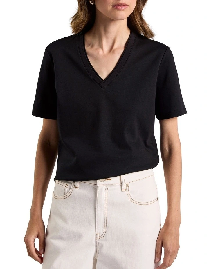 Misty V Neck Cotton Tee in Black image 4