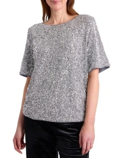 Phylis Boxy Sequin Tee in Platinum