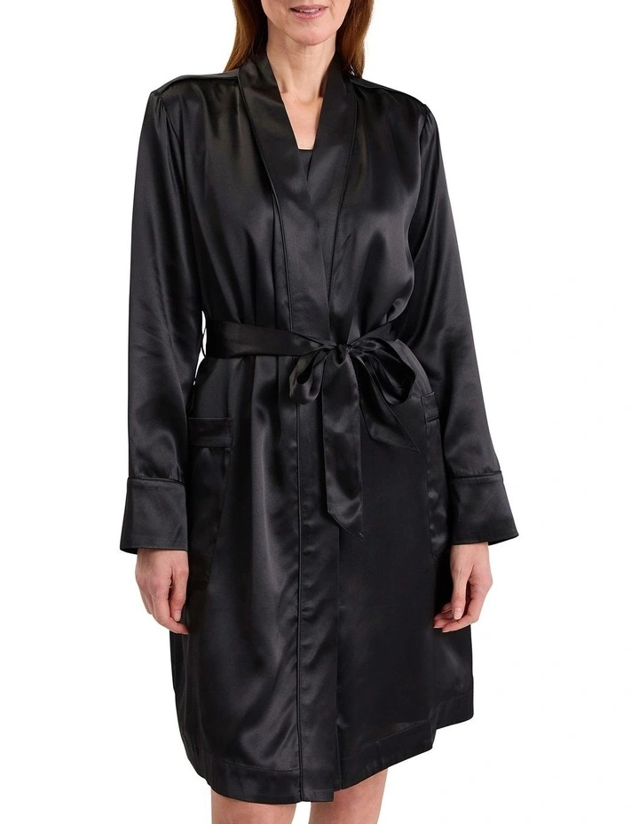 Cannes Short Silk Sleep Robe in Black image 2