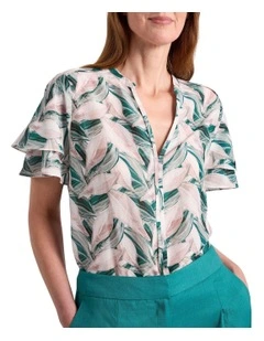 Cyrus Flutter Sleeve Blouse in Green