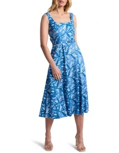 Monica Stretch Linen Dress in Blue Multi