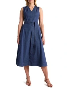 Noa Chambray Midi Dress in Mid Wash
