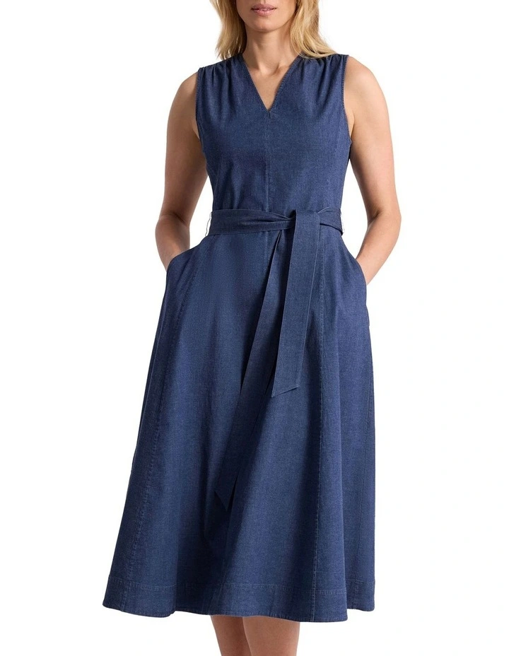 Noa Chambray Midi Dress in Mid Wash image 2