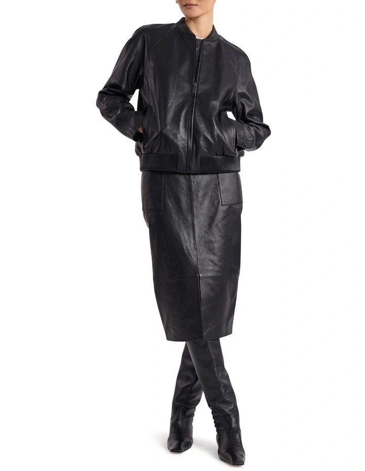 Ellen Leather Bomber Jacket in Black image 2