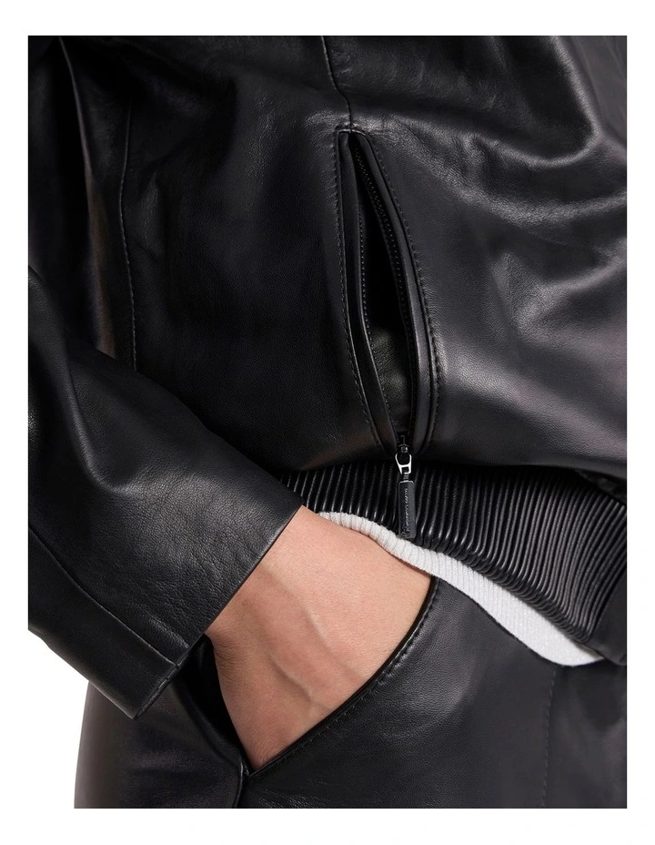 Ellen Leather Bomber Jacket in Black image 4